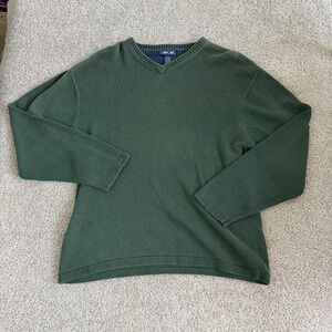 Cherokee Sweater Mens Large Green Ramie Cotton Tight Knit V Neck Pullover